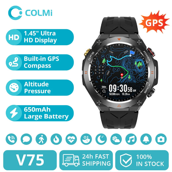 2024 COLMI V75 GPS Smart Watch 1.45" Ultra HD Display Built-in GPS & Compass Make/Receive Phone Calls Smartwatch 650mAh Battery - Q-Happiness LTD