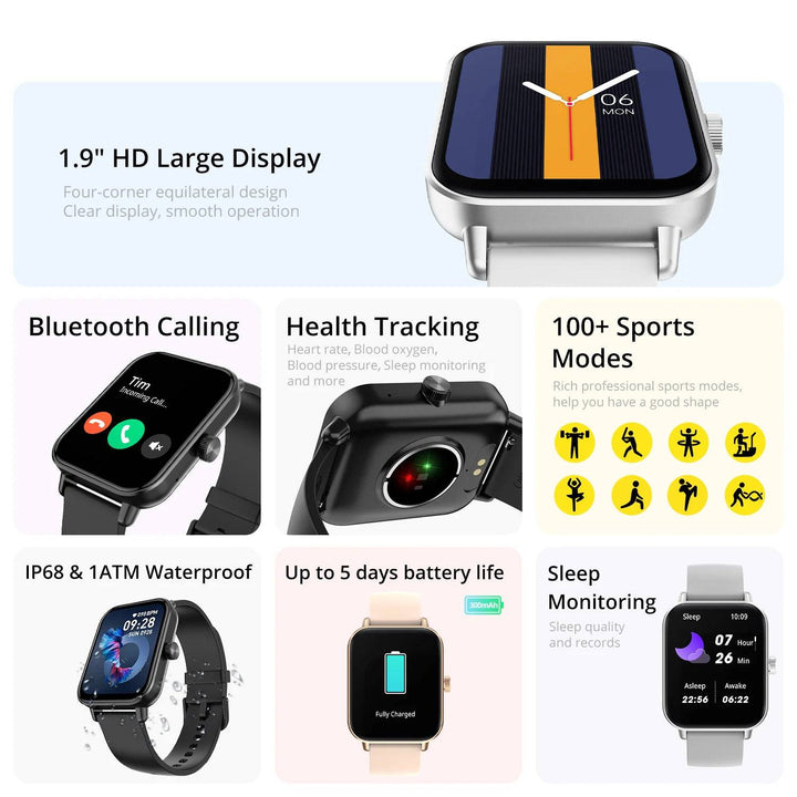 COLMI P81 Voice Calling Smart Watch Ultra 1.9 inch Screen 24H Health Monitor 100+ Sports Modes, Bluetooth Smartwatch Men Women - Q-Happiness LTD